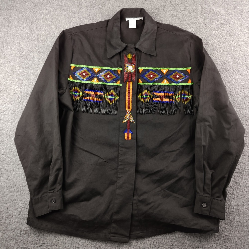 Lew Magram Shirt Womens 12 Style Black Beaded Fringe Southwestern Cotton EUC